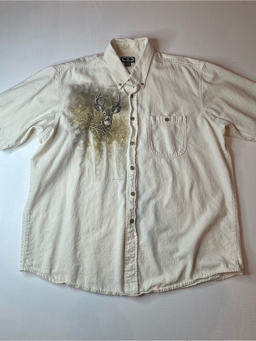 VTG Three Rivers David Wenzel Illustrated Deer Button Up Shirt Cream Size XL
